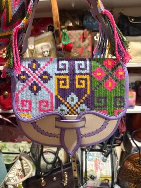 Handcrafted Lavender Multi-Color Embroidered Saddle Bag in Leather